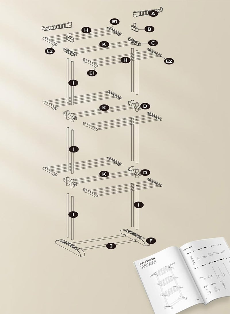 MARGOUN حامل تجفيف الملابس، 4 طبقات كبيرة قابلة للطي، حامل هواء داخلي وخارجي قابل للسحب مع أجنحة قابلة للطي وعجلات قابلة للقفل / لون فضي أزرق - Image 4